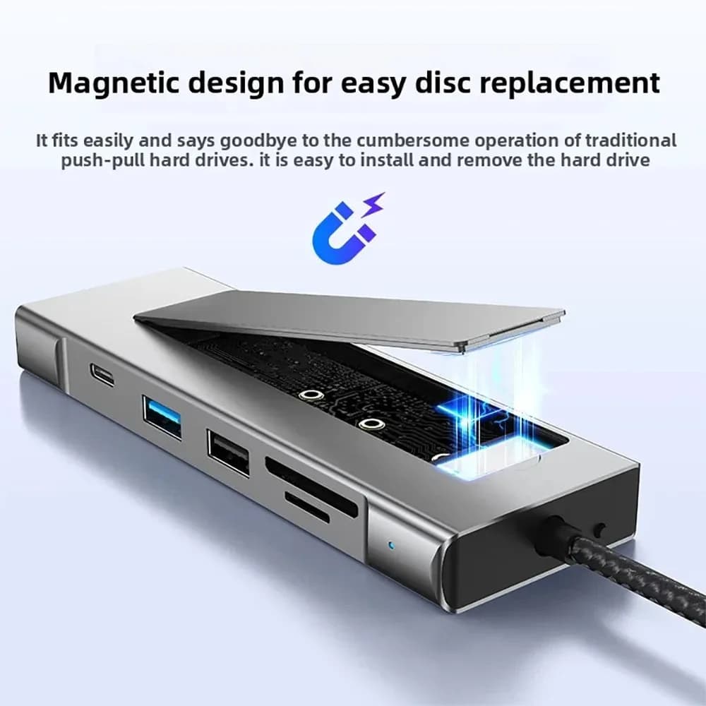 Docking Station USB Hub 8-in-1 con Enclosure per SSD M.2 NVMe SATA, Splitter USB3.2 Type-C a HDMI e Lettore SD/TF per PC
