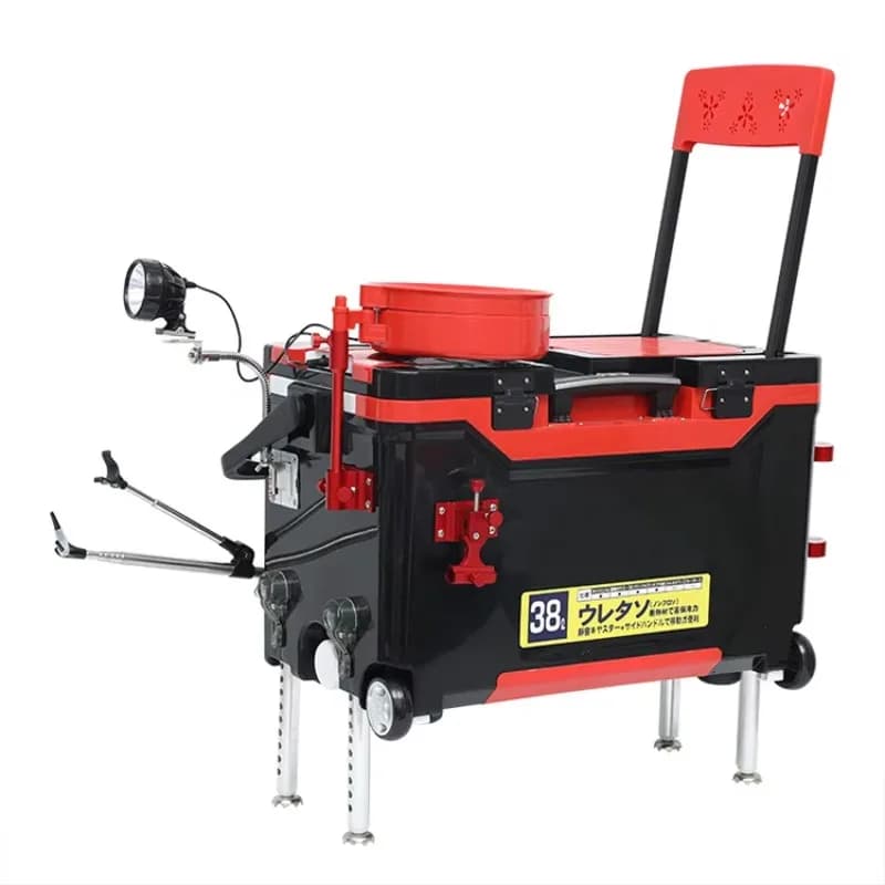 38L Waterproof Red and Black ABS Plastic Fishing Box, Fishing Equipment Container with Light, Wholesale