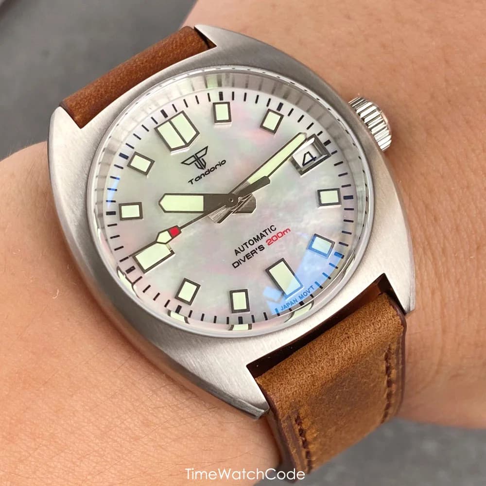 Automatic Tandorio Turtle Watch for Men NH35 PT5000 Movt Swim Dial Mother of Pearl Coating AR Sapphire 20BAR Waterproof 36mm