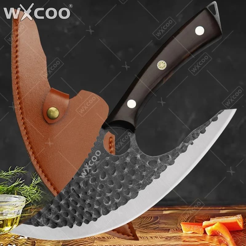 WXCOO Coltello Professionale da Chef, Forgiato a Mano, Resistente, per Macellaio, Verdura, Frutta, BBQ, con Manico in Legno
