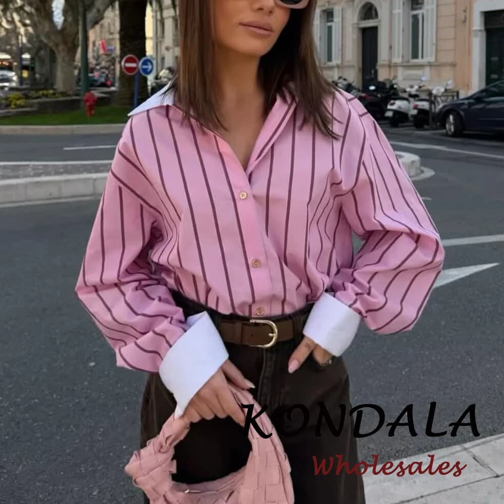KONDALA Camicia Vintage Rosa a Righe da Donna Casual Monopetto con Colletto Rovesciato, Moda Primavera 2026
