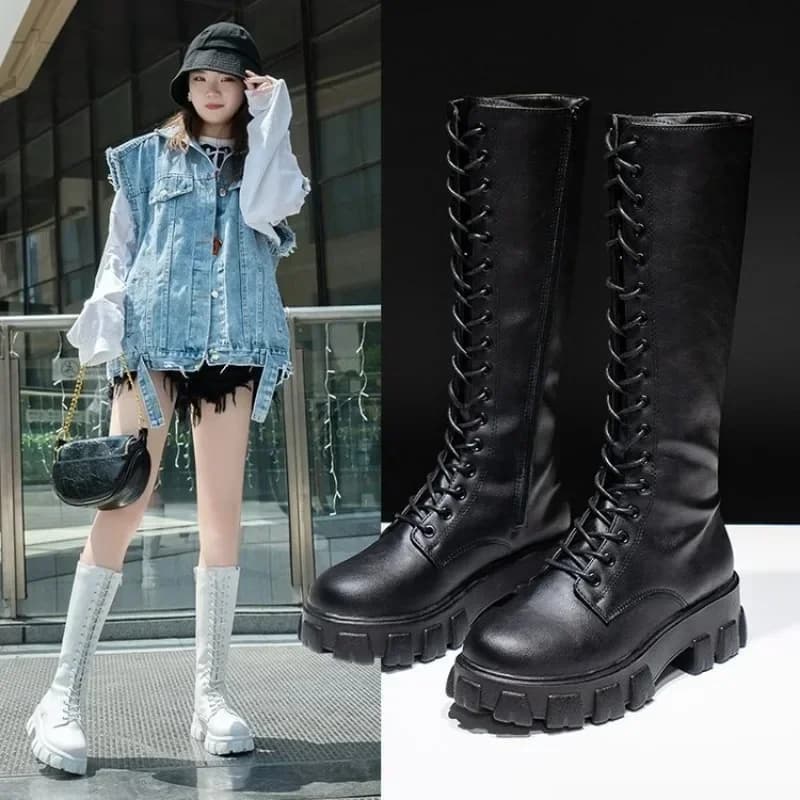 Women's Half Pulp Boots Padded Shoes Winter Knee High Gymnastics Style Military punk Black Casual White 2025Piattaforma Woman