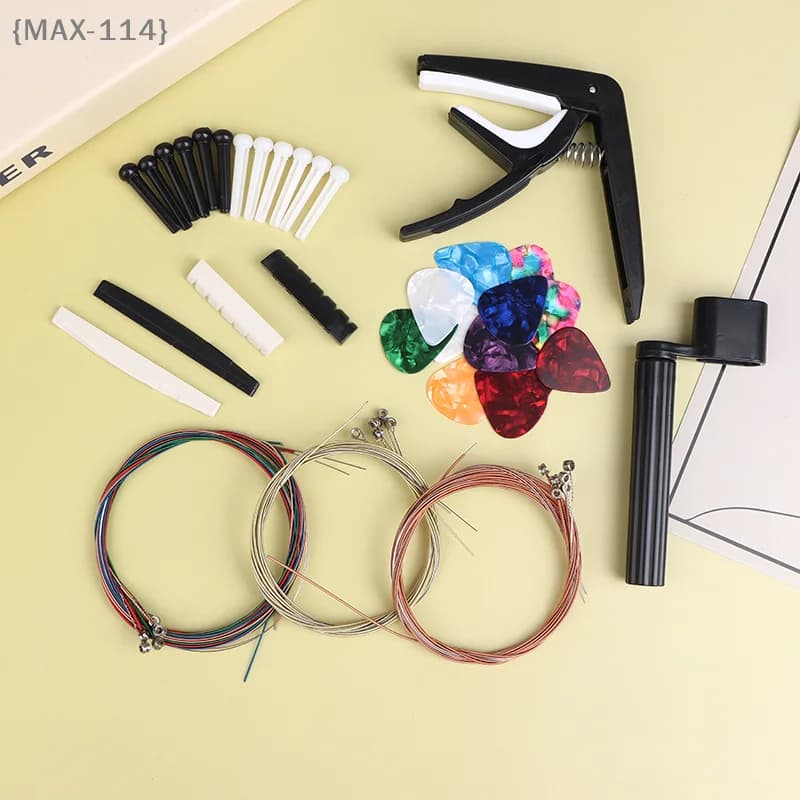 Kit per la cura della chitarra per principianti all-in-one 48 pezzi, include plettri per capotasto, perni del ponte avvolgitore, set completo per principianti