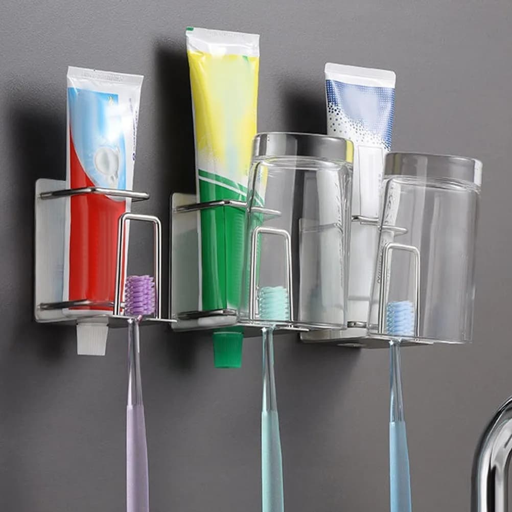 Portaspazzolini da Parete in Acciaio Inossidabile, Senza Foratura, con Porta Bicchieri e Organizer per Bagno