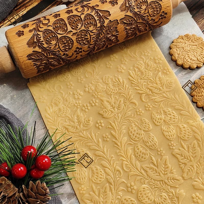 Mattarello Natalizio con Motivi di Fragole, Dinosauri e Conigli, Stampo per Biscotti 3D in Legno Inciso al Laser, Utensili per Pasticceria Fai-da-Te