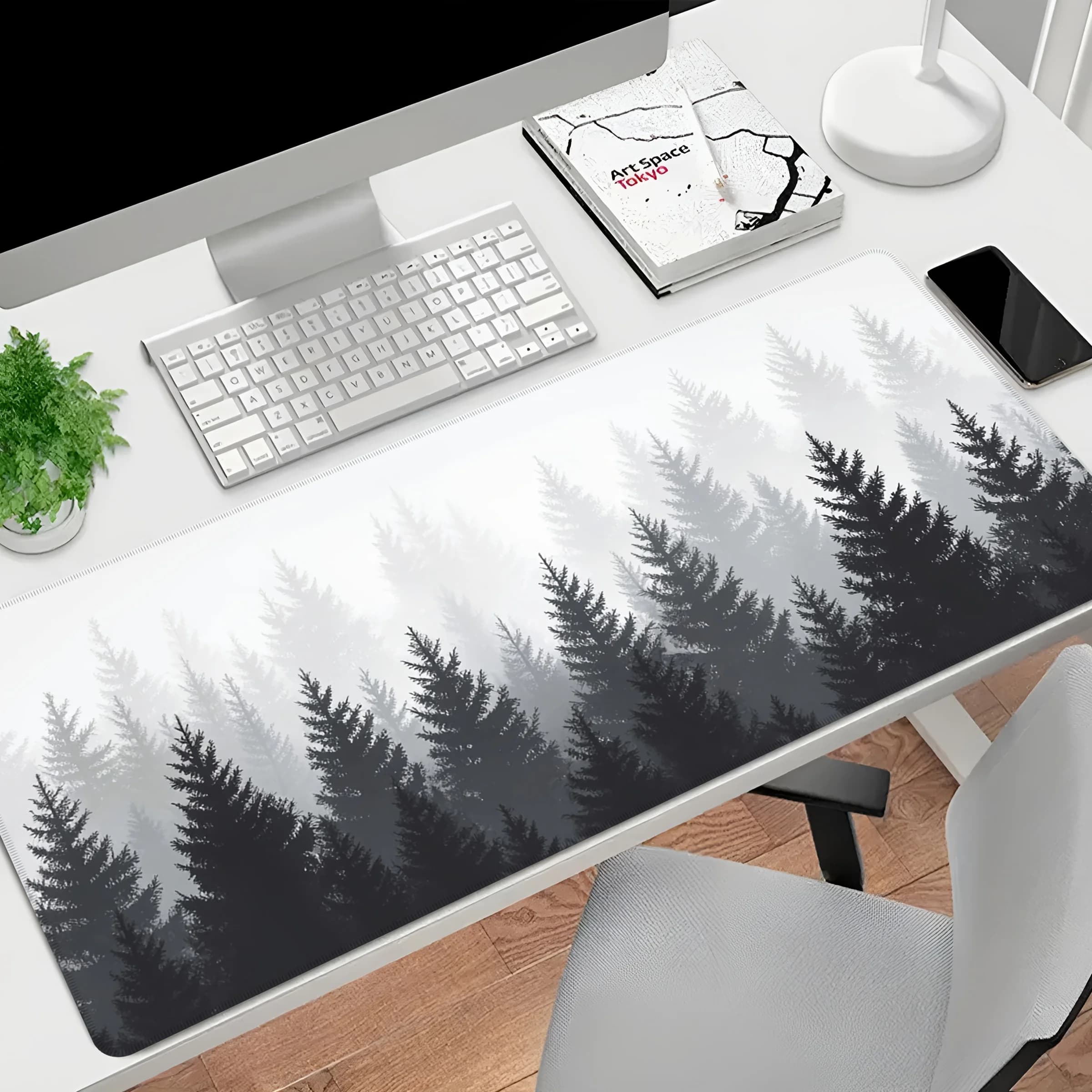 Tappetino per mouse da gaming grande con motivo foresta in bianco e nero, tappetino antiscivolo per tastiera e laptop, tappetino decorativo grande