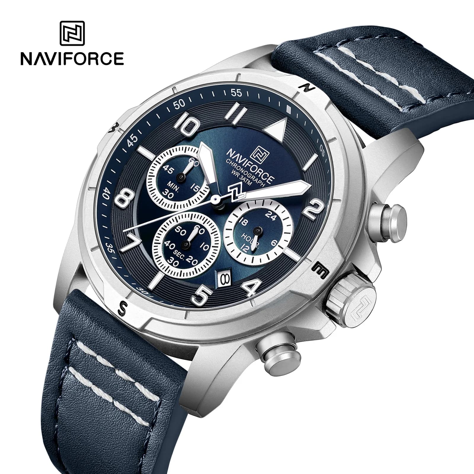 Orologio Cronografo da Uomo NAVIFORCE con Cinturino in Pelle, Display 24 Ore, Data, Luminoso, Impermeabile 30M, Orologio da Polso Casual Premium