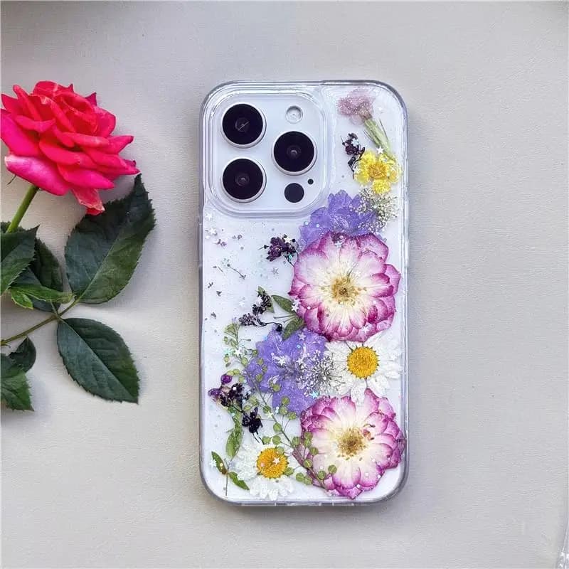 Colorful Real Dry Flower Phone Case For iPhone 17 11 12 13 14 15 16 Pro Max 16e Plus Luxury Handmade Floral Soft Clear TPU Cover