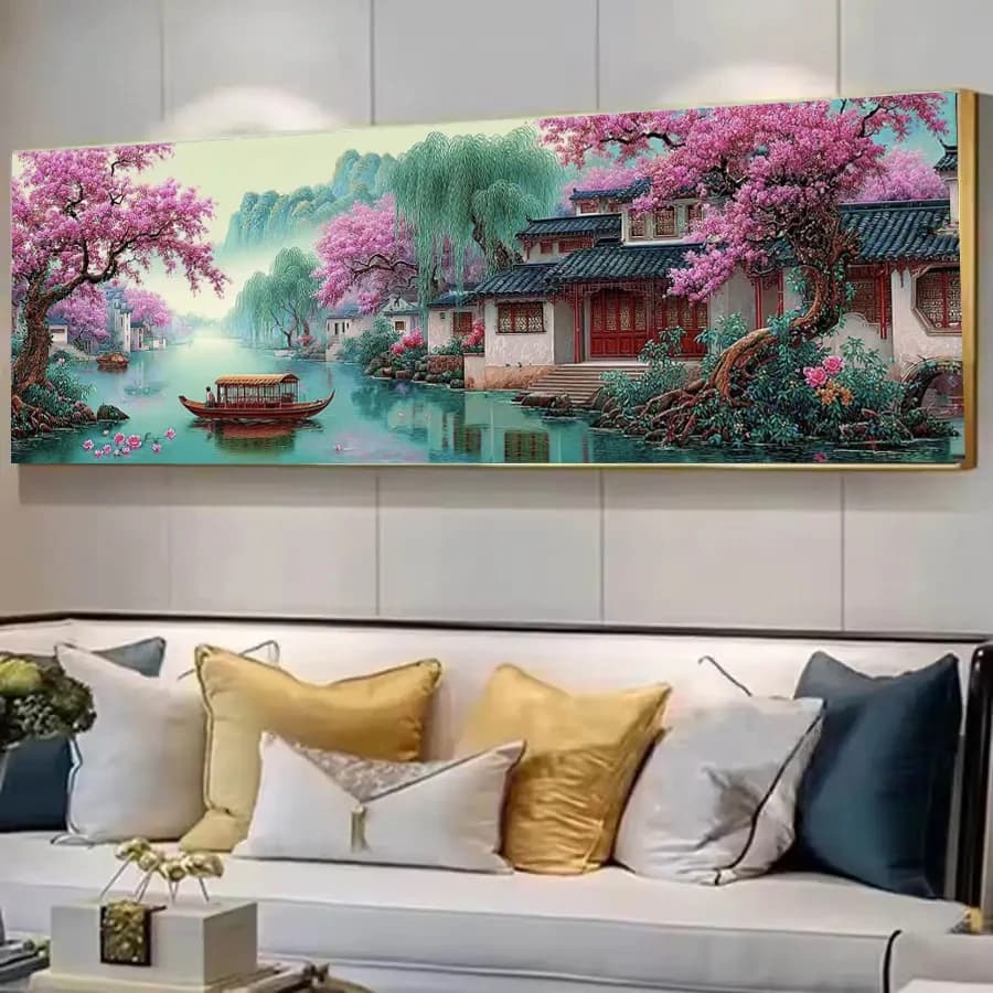 Jiangnan Natural Landscape DIY Diamond Painting Large Size Full Round Square Pillow Tree Water Town Diamond Moasic Embroidery