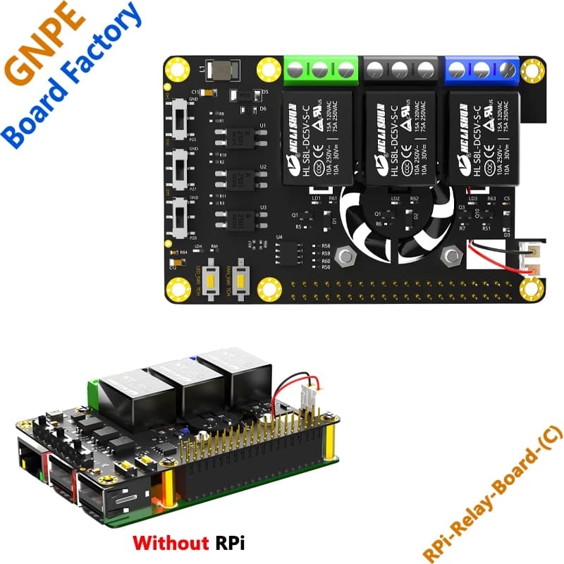 Raspberry PI relay expansion card with fan and 3-way RGB-LED relay control