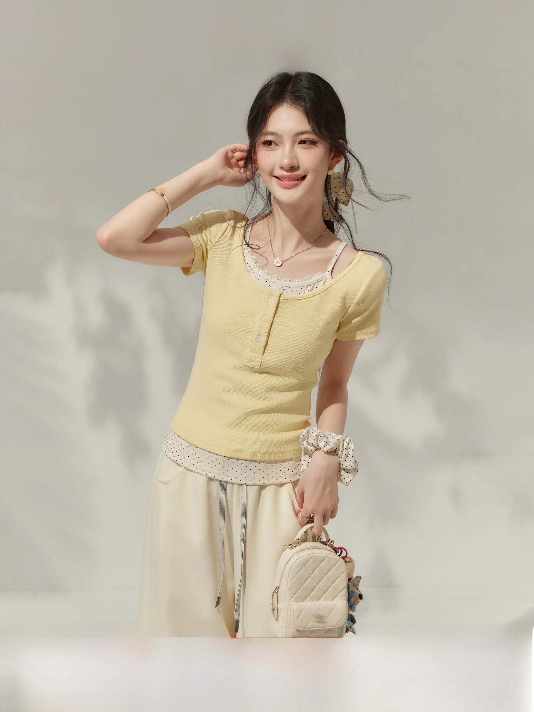 Unique Short Sleeve T-Shirt Women's Slim Fit Yellow Lace Polka Dot Fake Two-Piece Casual Style round Neck Top for Summer