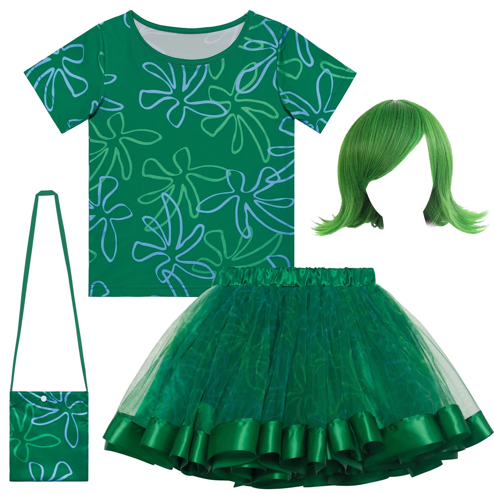Costume cosplay per ragazze, compleanno di Halloween, festa di carnevale, 4 pezzi, t-shirt con stampa per bambini + gonna + borsa + parrucca, set di quattro pezzi