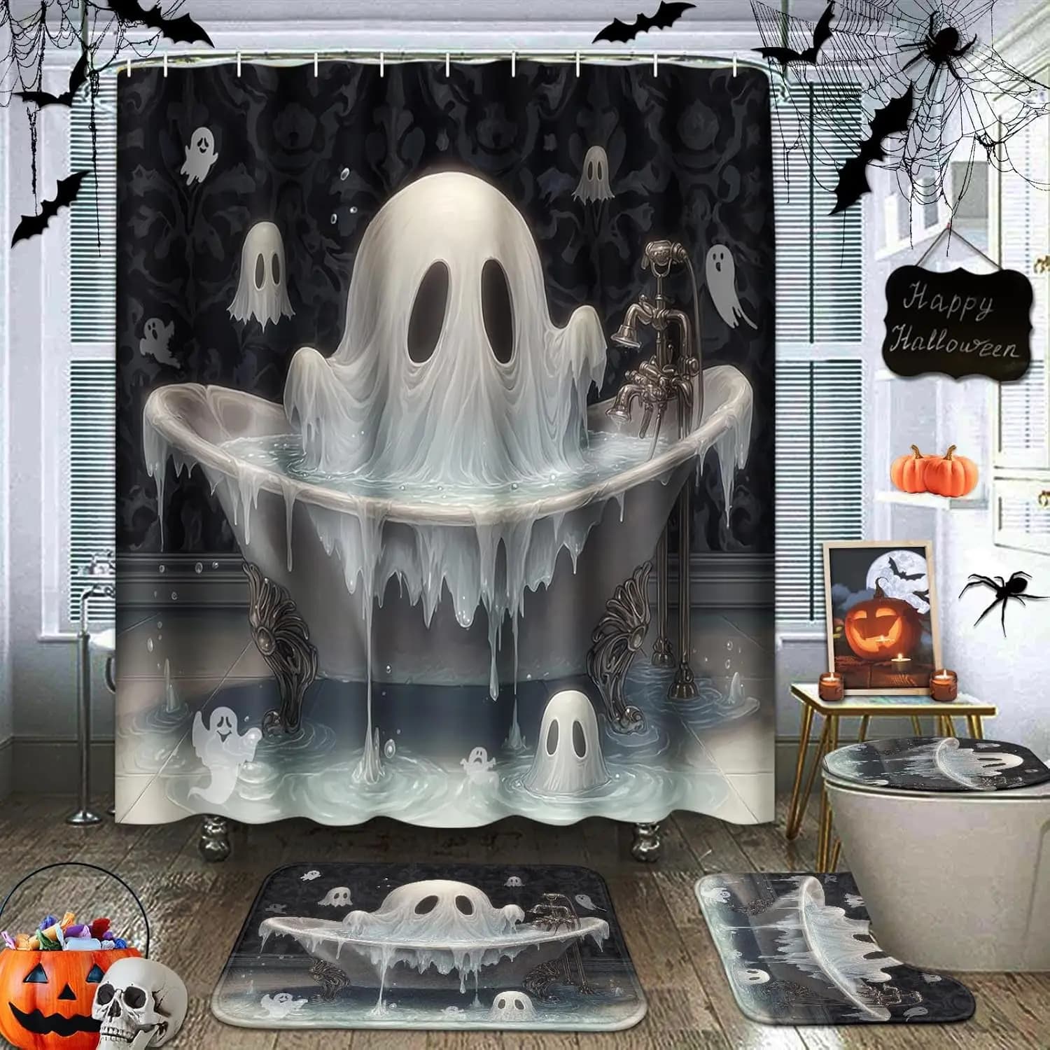 Set da bagno di Halloween 4 pezzi - Fantasma che smerigliano dalla vasca da bagno Tenda da doccia in poliestere con tappetini impermeabili