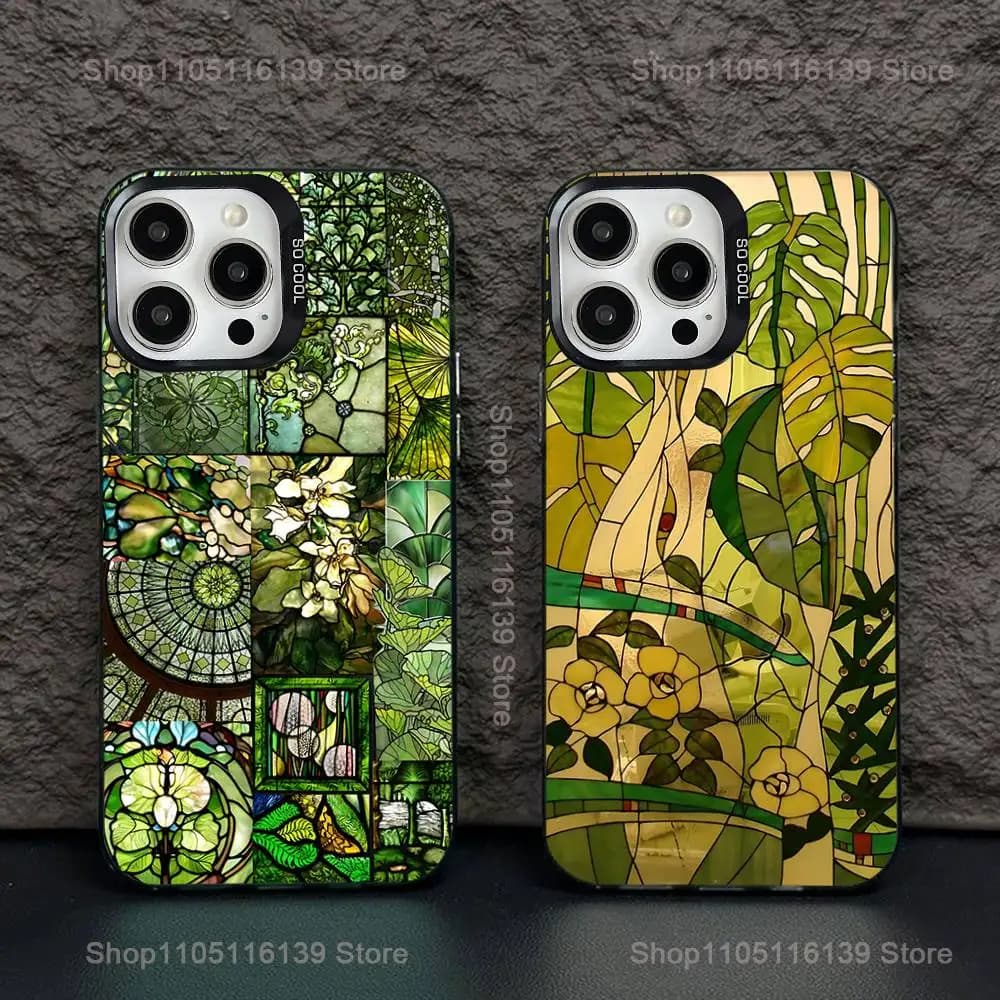 Chic Mosaic Graffiti Green Rattan Case For iPhone 16,15,14,13,12,11,Pro,XS,Max,Plus,Mini,SE Black Candy Matte Shockproof Cover