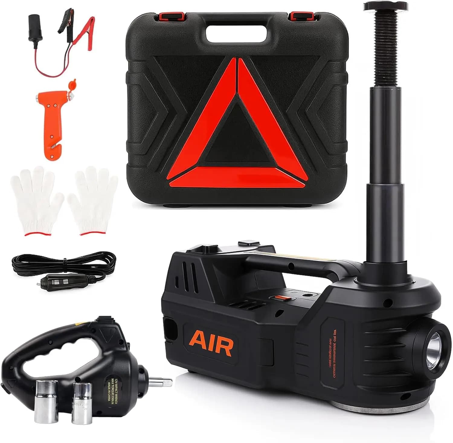 Kit Martinetto Idraulico da 5 Tonnellate 12V con Avvitatore a Impulsi, Pompa Gonfiagomme, Luce LED per Cambio Pneumatici di Emergenza per SUV, Berlina e Camion