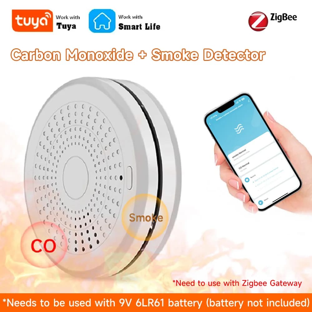 Tuya 2-in-1 WiFi/ZigBee Allarme di fumo e sensore di monossido di carbonio Monitoraggio remoto wireless Sicurezza domestica Doppio sensore con Alexa e G