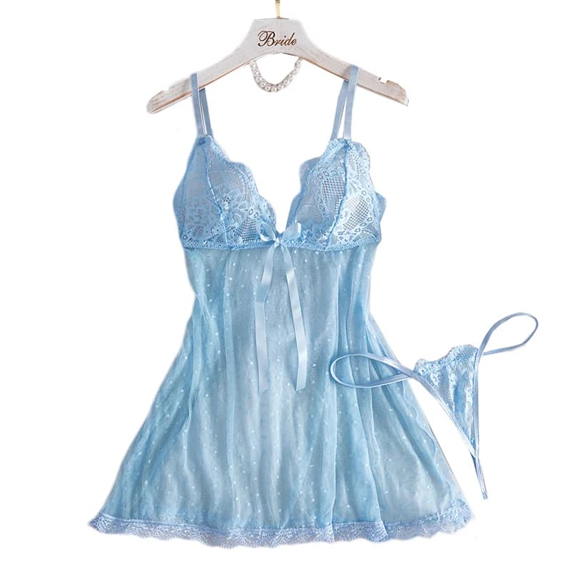 Transparent Polka Dot Print Lace Women Erotic Sling Nightgown Underpants Set Deep V Nightdress Sexy Lingerie Costumes
