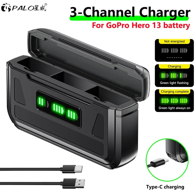 PALO Portable 3-channel battery charger for sports cameras GoPro13 Hero13 Black Action Accessories Quick charging box