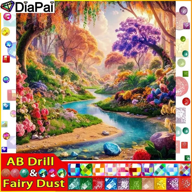 DIAPAI Fairy Dust AB Square/Round Drill 5D DIY Diamond Painting "River Tree Flower" Embroidery Cross Stitch Full Rhinestone
