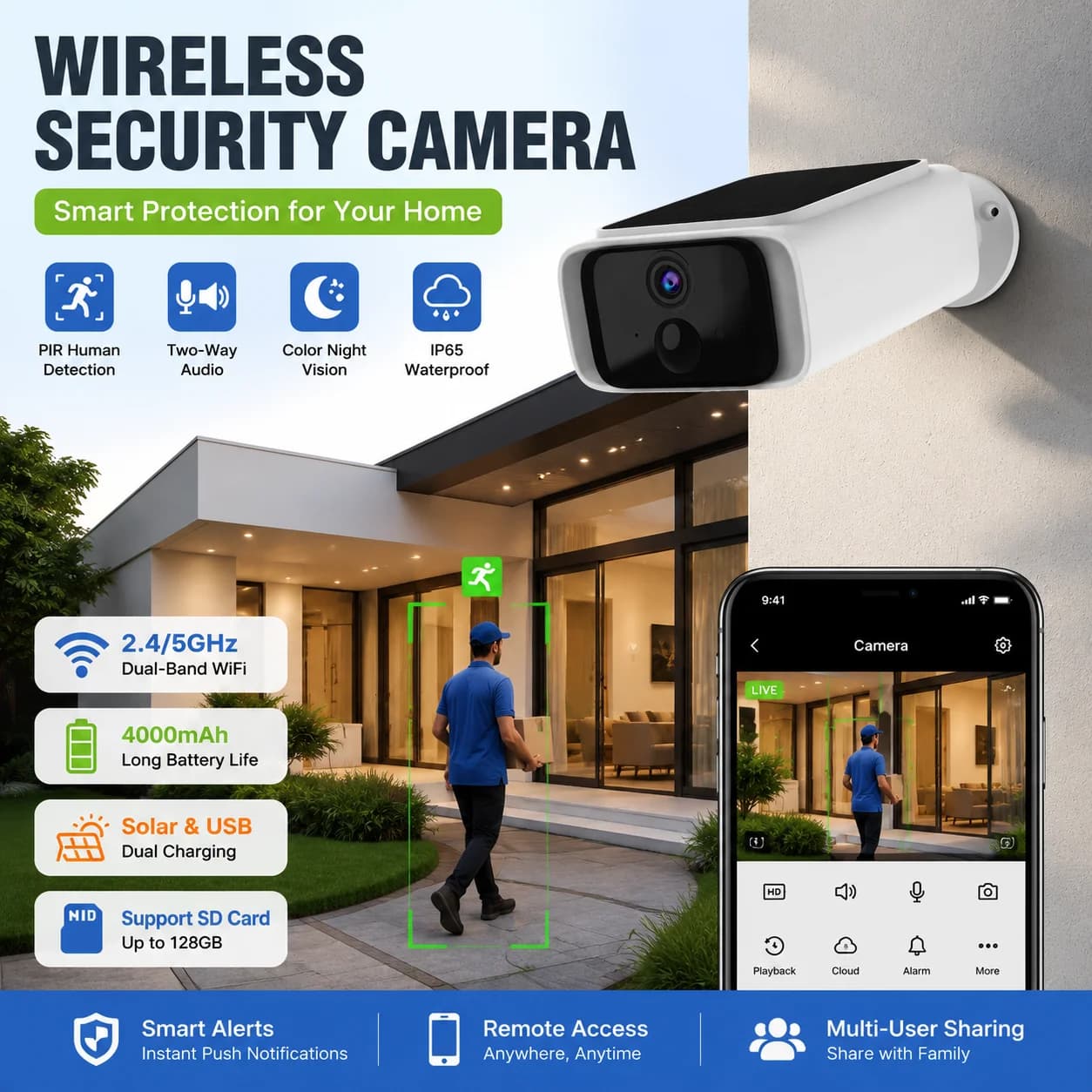 2K Solar Security Camera Wireless Outdoor WiFi Camera 2.4G/5G Home Security CCTV Fixed Solar Panel Two Way Talk Surveillance