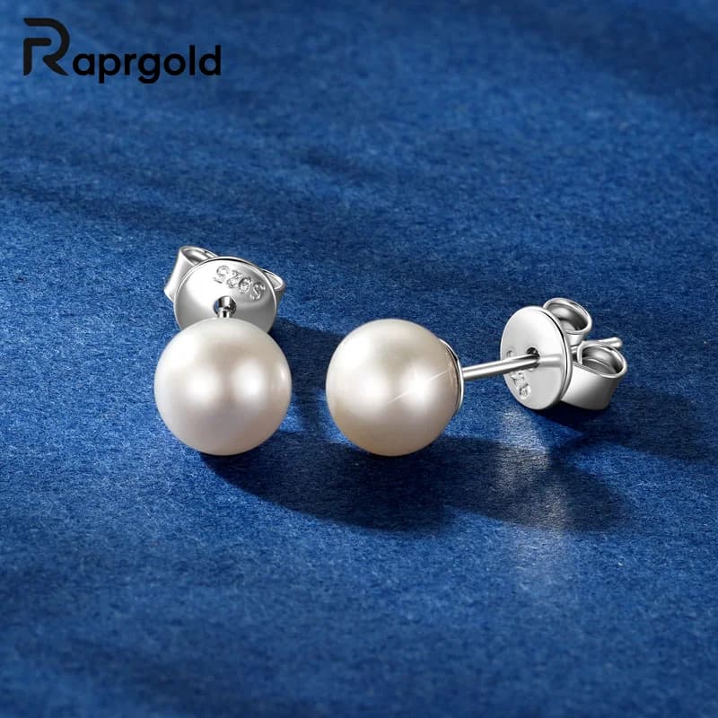 RAPRGOLD S925 Sterling Silver Natural Freshwater Round Pearl Stud Earrings For Women Piercing Earring Wedding Fine Jewelry Gifts