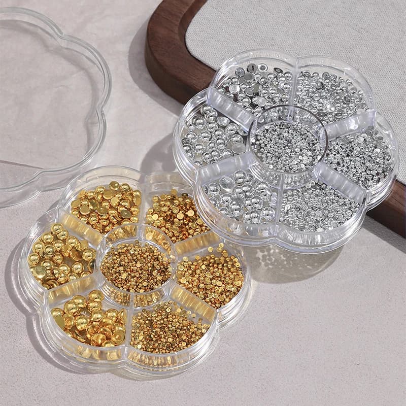 Nail Decorations with 7 Grills, Silver and Gold Beads, White Pearls with Flat Bottom, Mixed Measures, DIY Accessories for Nail Art