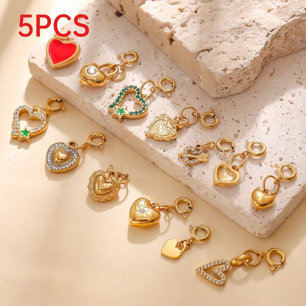 5Pcs Cute Rhinestone Heart Charms Stainless Steel DIY Pendants For Bracelet Necklace Jewelry