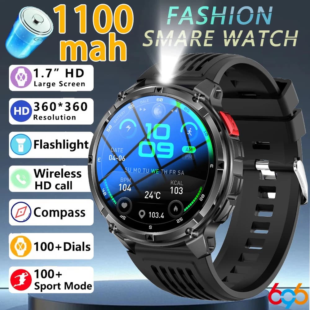 Batteria da 1100 mAh Torcia a LED Smartwatch Chiamata BT da 1,7 pollici Smart Watch da esterno Uomo Sport Donna Bussola Monitor sanitario Impermeabile