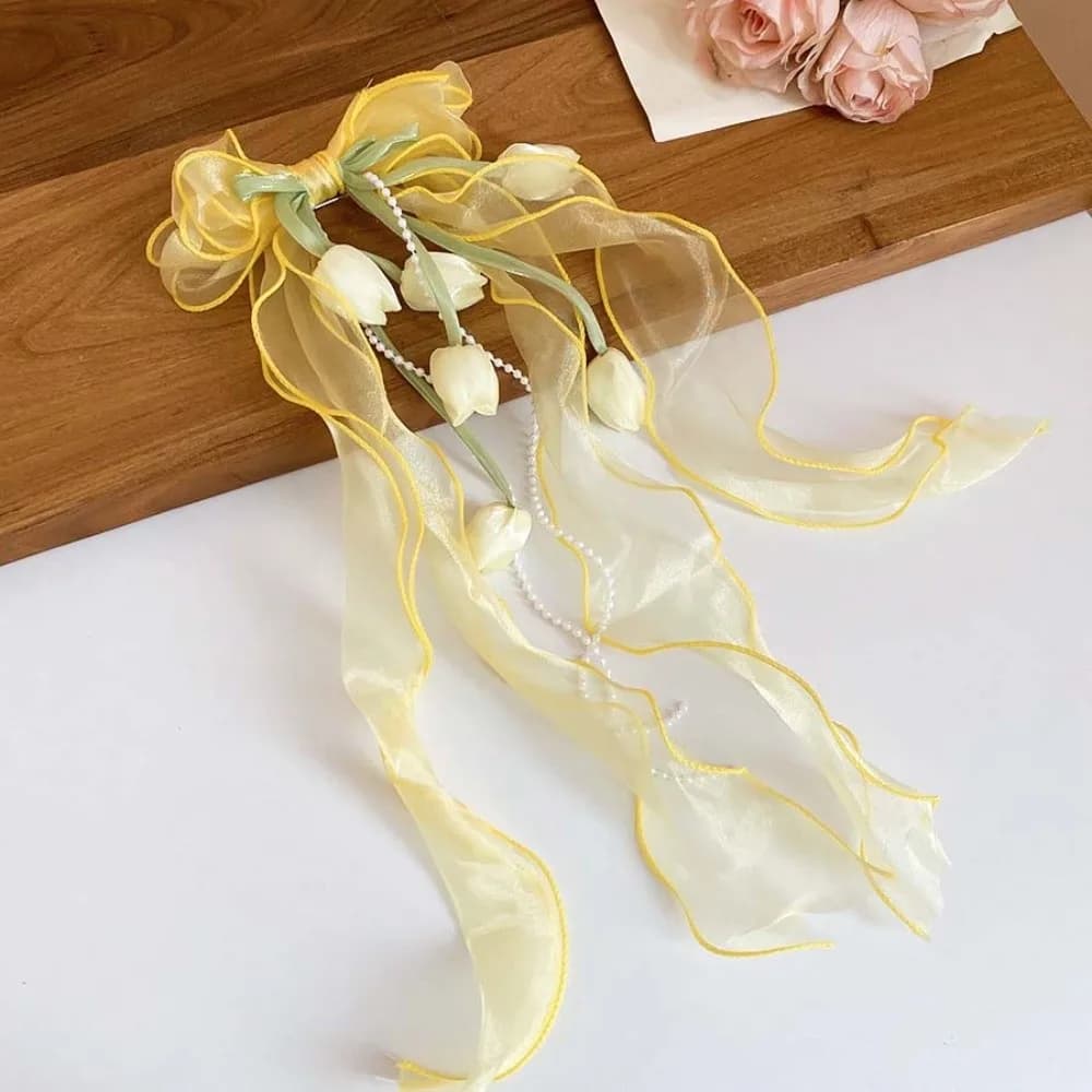 Fairy Style Tulip Hair Clips Mesh Ribbon French Luxury Muguet Flower Hairpin Niche Aesthetic Sheer Tulle