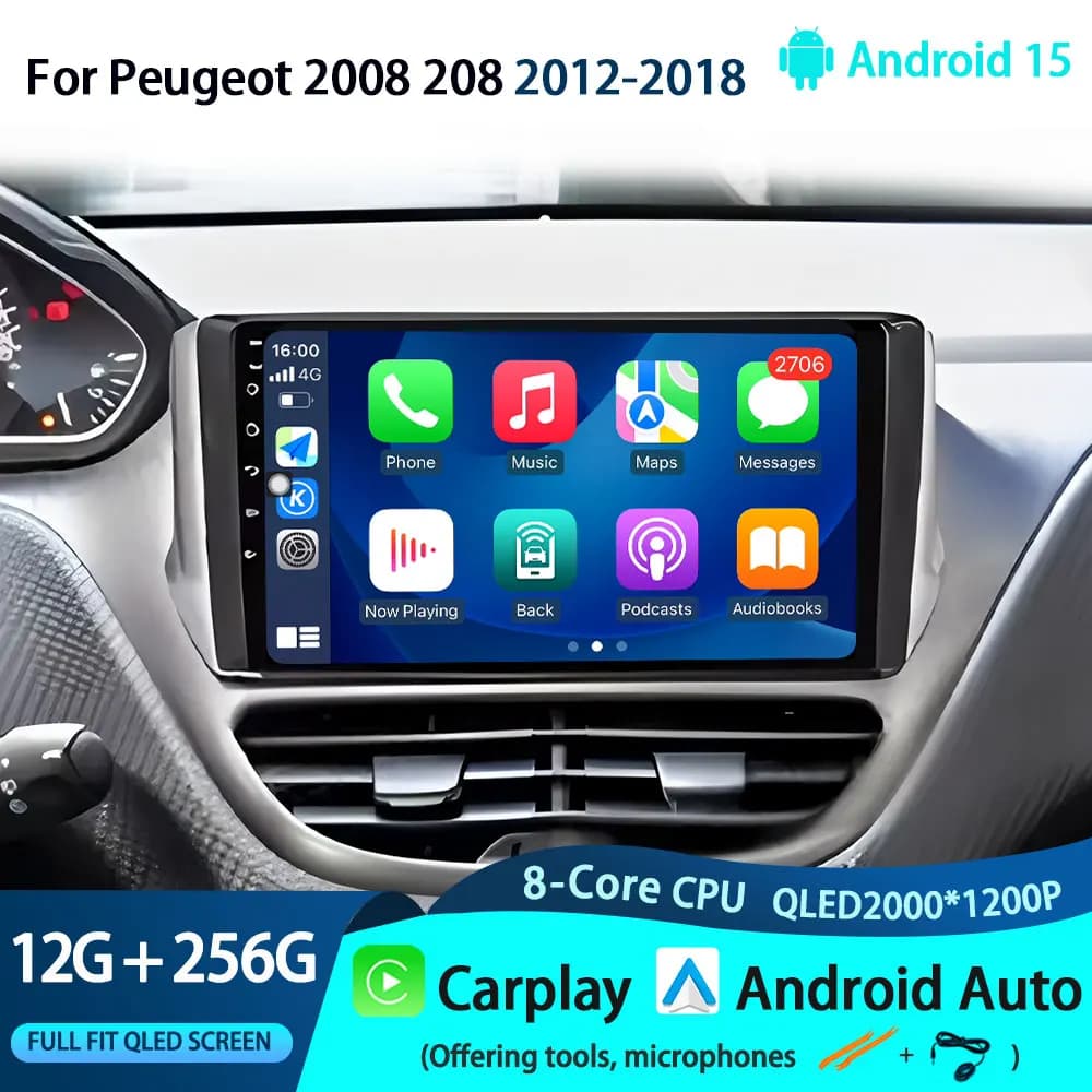 For Peugeot 2008 208 2012-2018 Carplay Auto Android 15 Autoradio Video multimedia player Navigation No 2Din WiFi GPS DSP