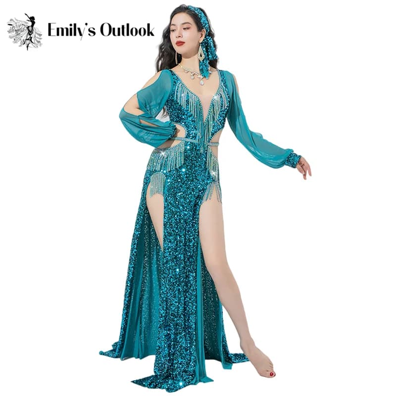 Luxury belly dance costume Long dress with glittering sequins 3 piece dress Competition set BALADI SHAABI Solista Drum Show Outfit Exoticism