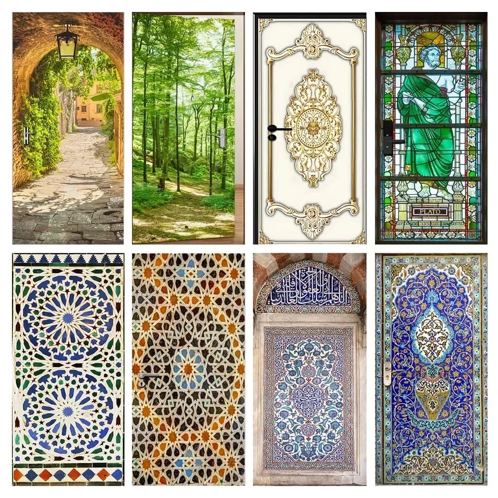 Moroccan Mosaic Tiles Creative Door Stickers Removable Bedroom Living Room Wardrobe Retrofit Door Wrap Decorative Wallpaper