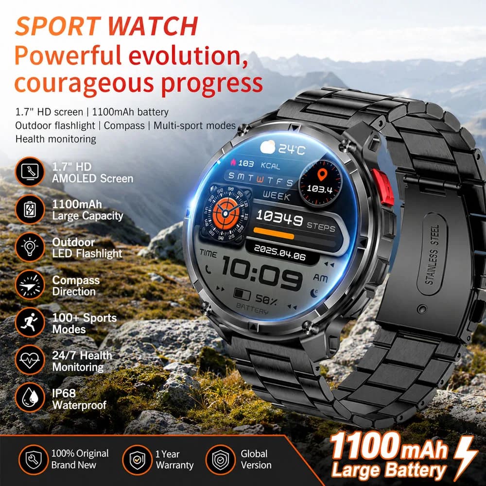 New 1100mAh Battery Men Smart Watch 1.7 Screen Sleep Score Outdoors LED Flashlight Compass IP68 Waterproof Military Smartwatch