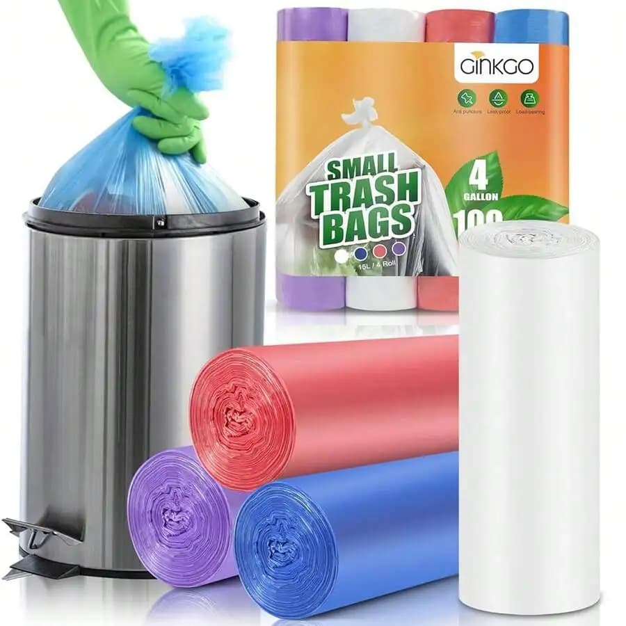 Small Trash Bags 4 Gallon Bathroom Kitchen Waste Basket Liners 100 Count 4 Colors Clear Plastic