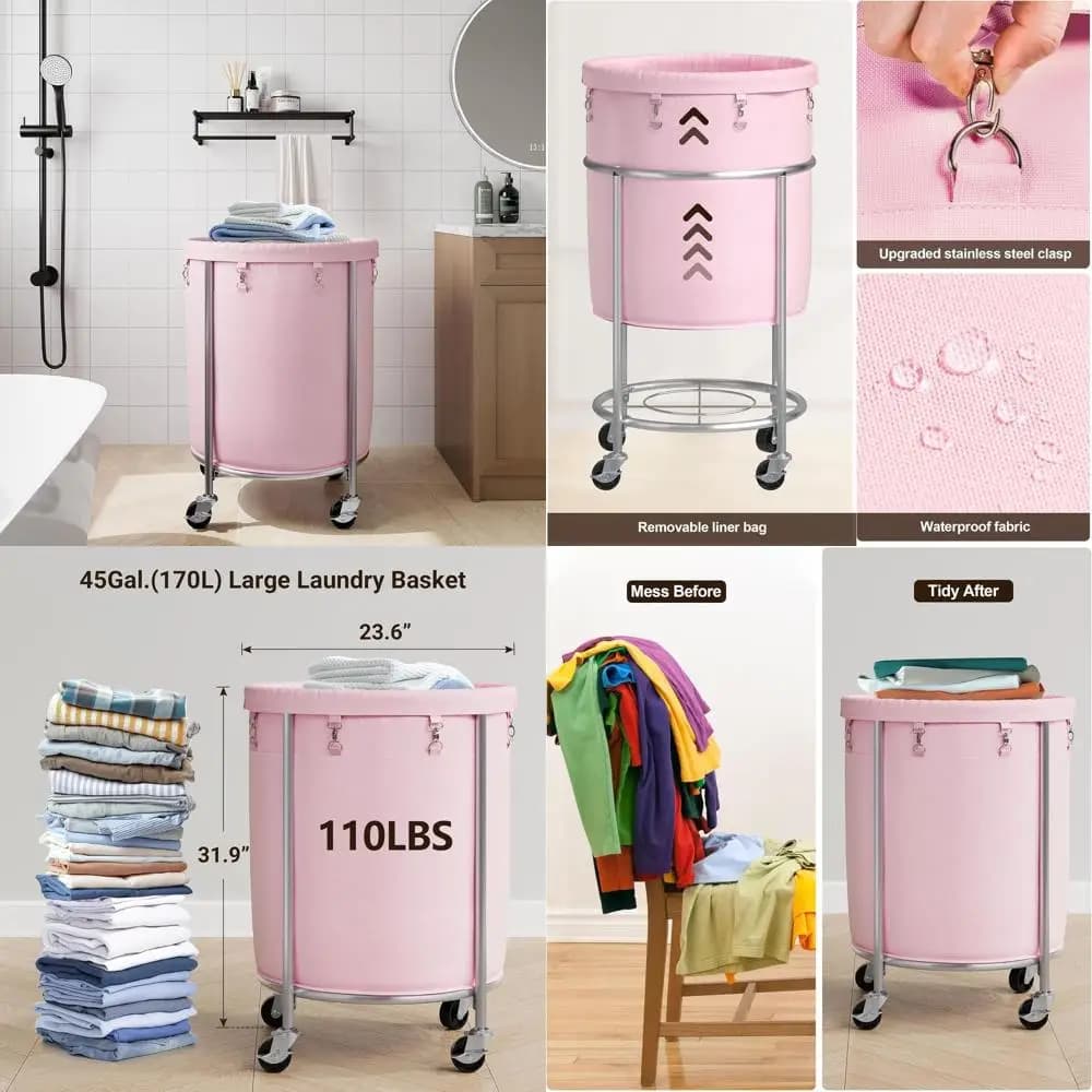 Bag with 170L Wheels, Removable Bag and Steel Frame, Suitable for Home Use in Various Rooms, Pink