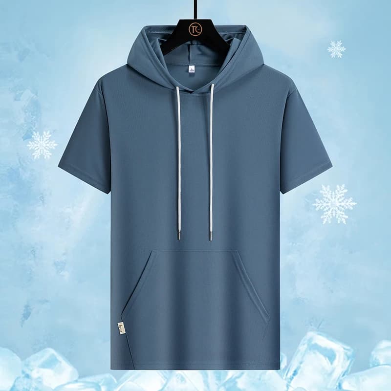 Men Fashionable Hooded Trendy Ice Silk T-shirt for Summer Outdoor Football Training Sweat Absorbing Quick Drying Casual T-shirt