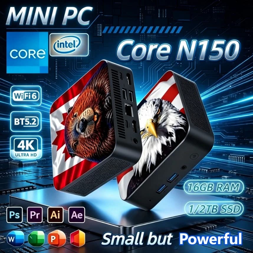 New 2026 USA Canada Flag Mini PC Intel Core N150 16GB RAM 2TB SSD WiFi6 BT5.2 4K HD Compact Desktop for Home Office and Business