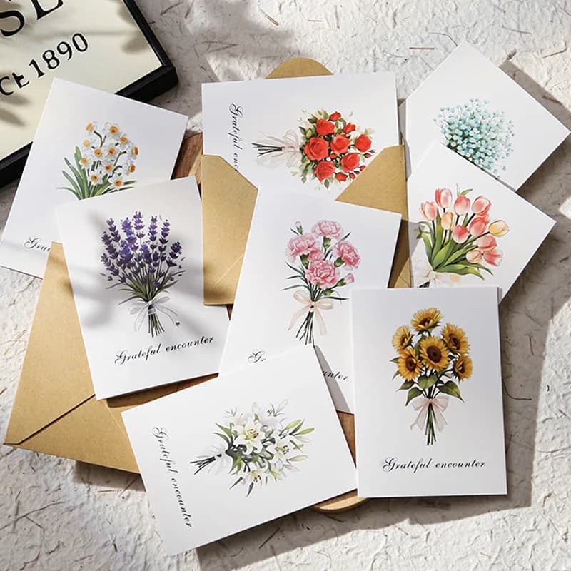1/4/8 set di biglietti per bouquet di fiori con buste per ringraziamento, matrimonio, San Valentino, Natale, compleanno, genitori, moglie, insegnante
