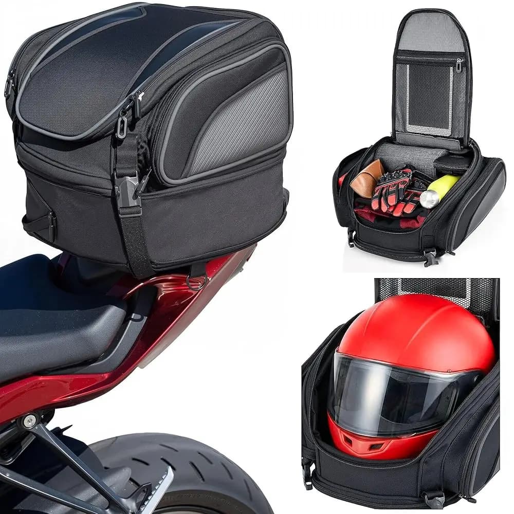 Borsa Posteriore per Moto Nomad 18-22L - Borsa Impermeabile Espandibile per Sedile Posteriore, Bagaglio per Sissy Bar, Adatta per Casco, Touring Moto, Spedizione Gratuita