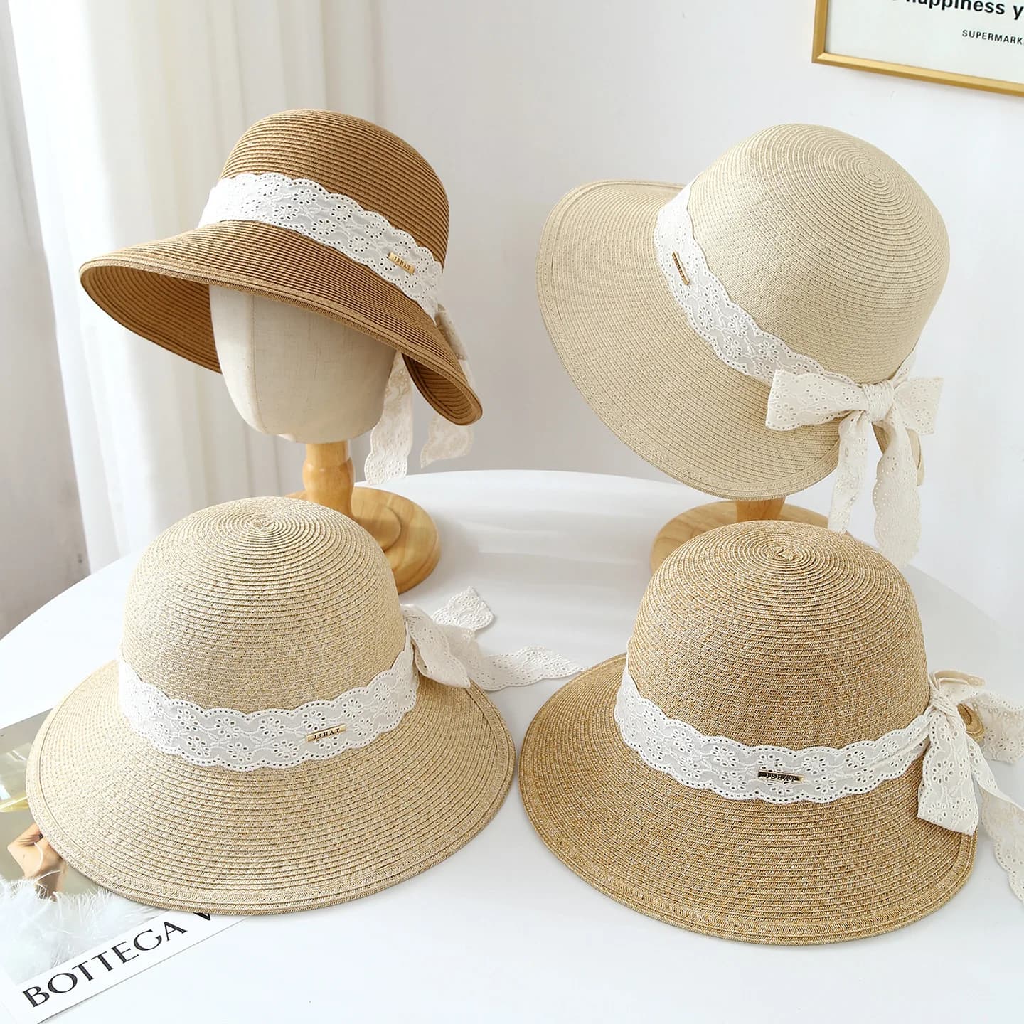 Summer New Lace Bowknot Straw Hat for Women, Wide Brim Sun Protection Cap, Customizable Beach Vacation Hat Wholesale