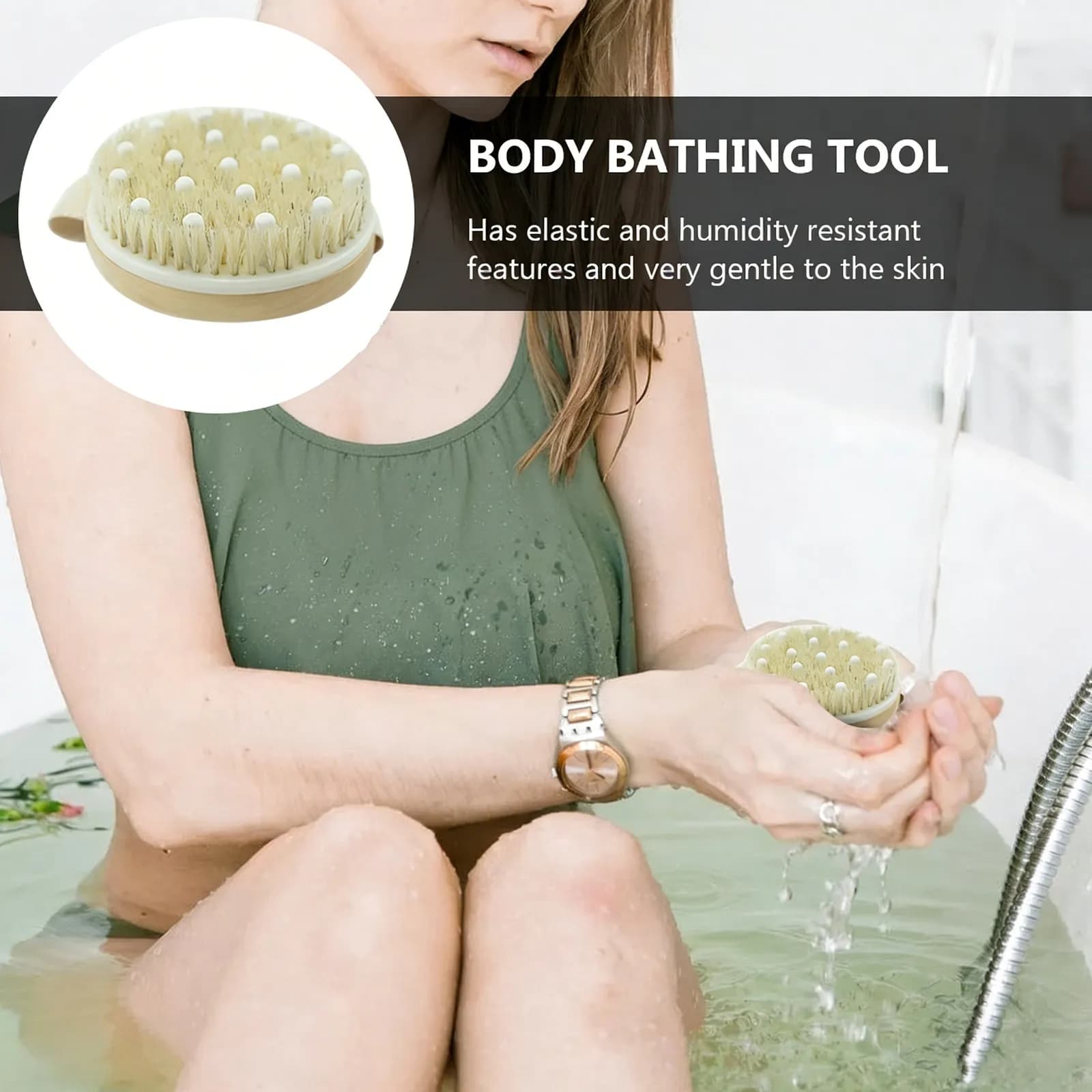 Round Wooden Body Bath Brush with Silicone Massage Bristles for Exfoliation Back Cleaning and Skin Renewal Unisex Shower Brush