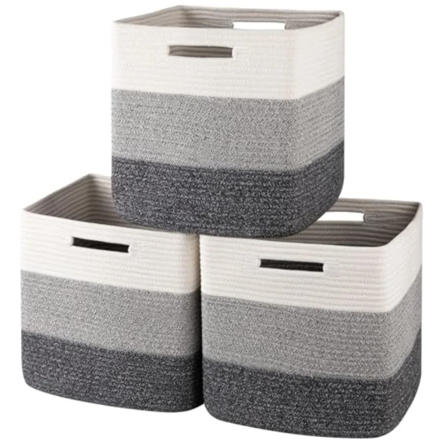 Contenitori Cubici da 13 Pollici, Set di 3 Cesti Intrecciati in Corda di Cotone per Organizzazione, Cesti Portaoggetti da Inserire negli Scaffali, per Cameretta, C
