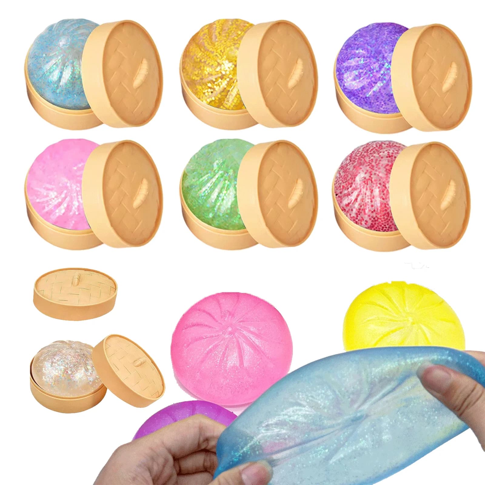 Squishy Antistress a Forma di Raviolo con Glitter Colorati, Giocattoli Sensoriali Fidget, Simulazione Cibo, Squishies a Forma di Panino con Vaporiera, Regali