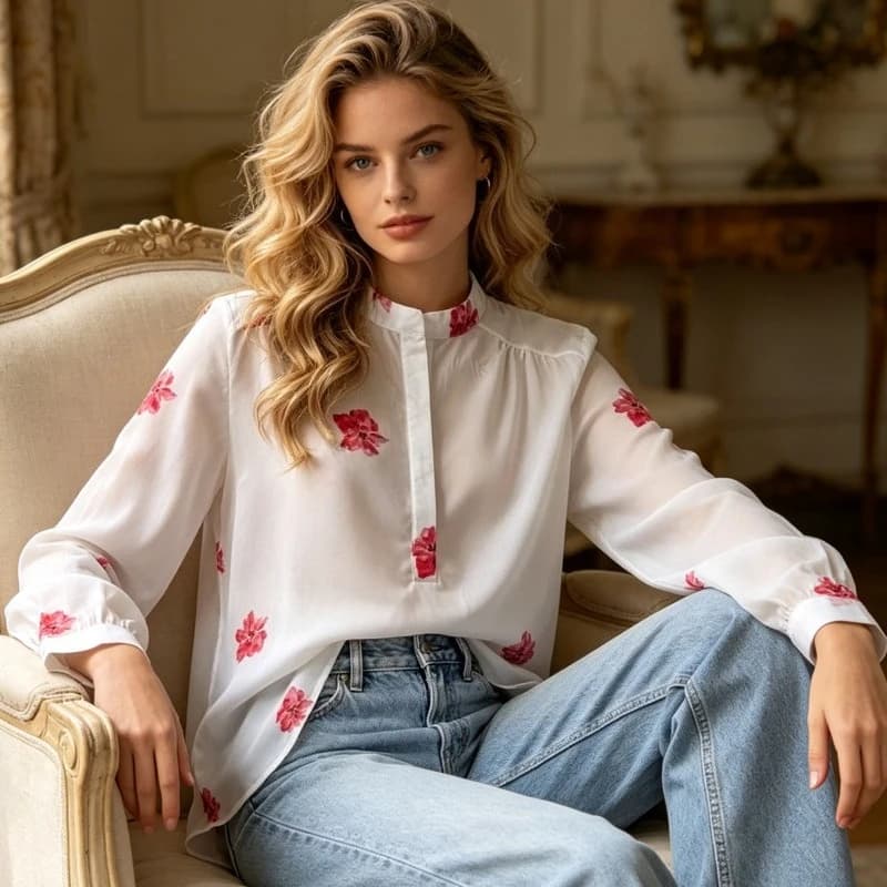 Women's Shirt Summer Vintage Floral Print Long Sleeve Casual Women's Blouse Stand Collar Button Front Loose Fit Female Shirts