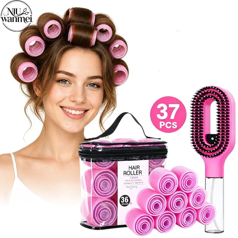 37Pcs Heatless Self Grip Hair Rollers Set No Heat Hair Curlers With Spray Styling Brush Storage Bag DIY Natural Volume Curls Hair Styling Tools For All Hair Types