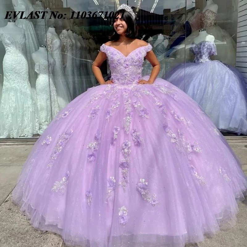 EVLAST Personalizzato Lilla Abito Quinceanera Abito di Sfera 3D Applique Floreale In Rilievo Messico Corsetto Dolce 16 Abiti Da 15 Anos SQ567