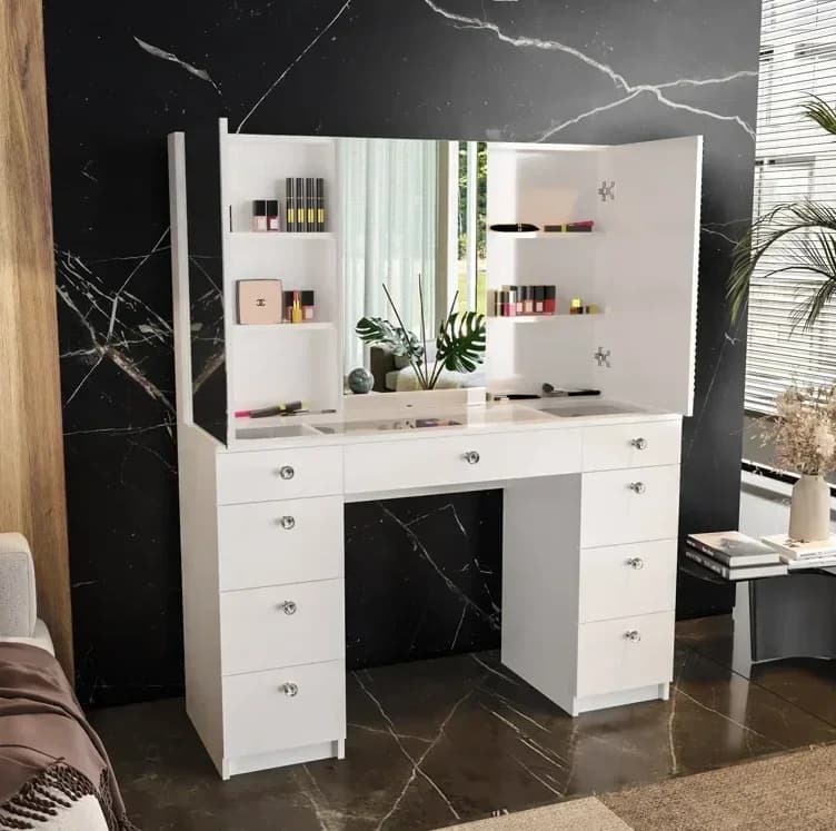 # Tavolo da toeletta con piano in vetro, splendido tavolo da toeletta bianco moderno per trucco con 9 cassetti e pomelli a sfera di cristallo #