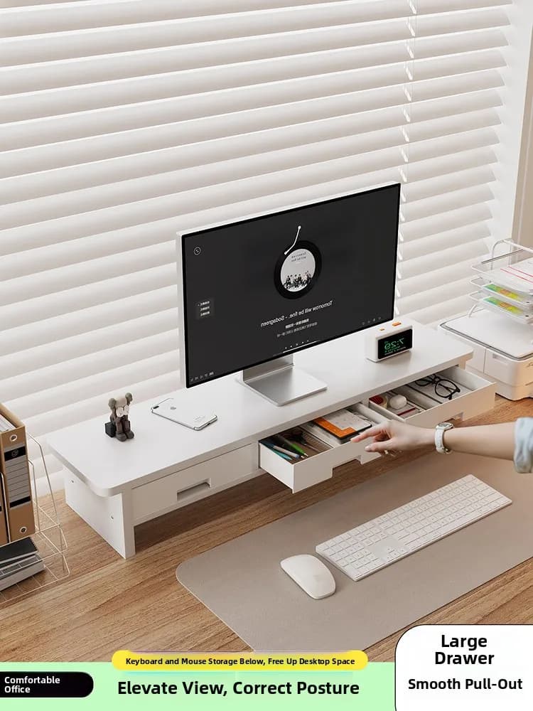 Supporto per Monitor da Scrivania con Spazio di Archiviazione, Protezione per Schermo, Supporto per Monitor Allungabile, Stile Industriale, Nero