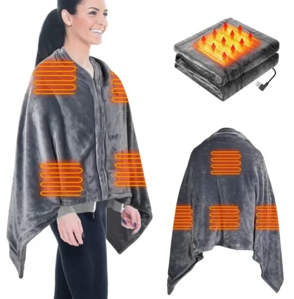 USB Heated Shawl Wrap Poncho, 59 x 31 Inch Wearable Electric Heated Blanket With Zipper, Washable Heating Throw for Home Office Use