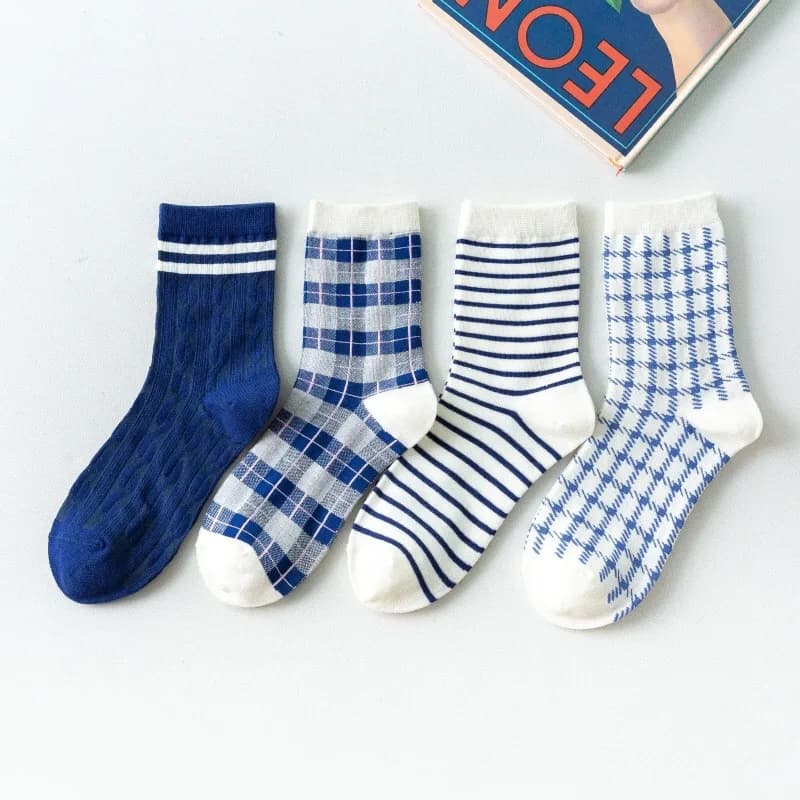 1/4 Paia di Calzini Lunghi da Donna Serie Blu con Motivo a Mille Uccelli, Comodi e Versatili in Puro Cotone per Uso Casual